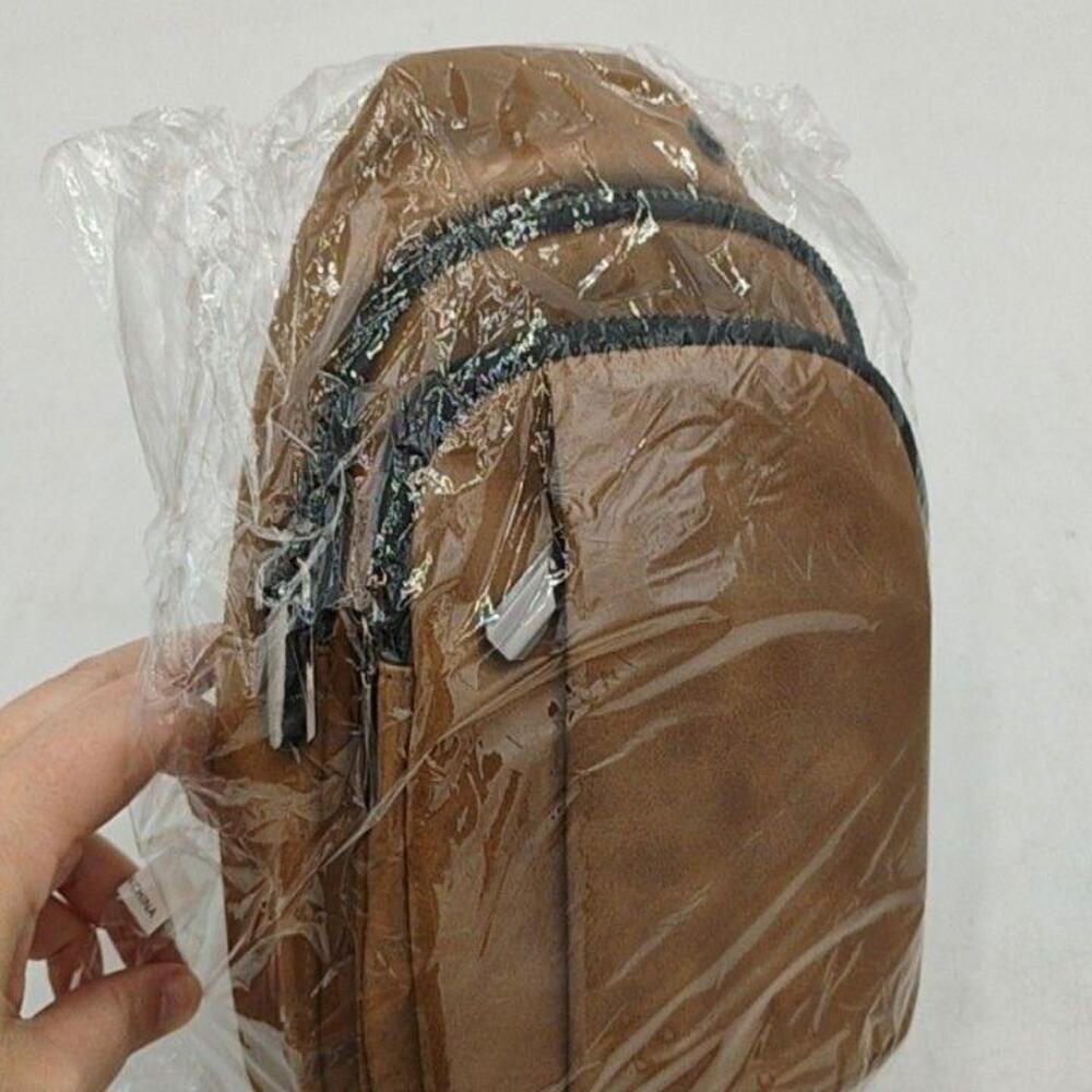 Brown Mini Backpack Womens Faux Leather Zip Pockets Adjustable Strap Casual